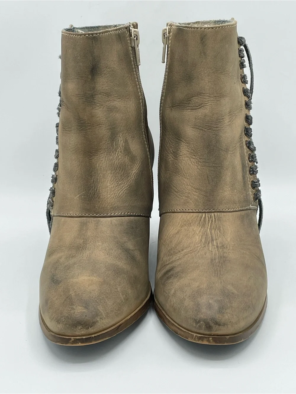 Diba True Jilly Ann Fringe Leather Ankle Boots in Taupe/Tan.